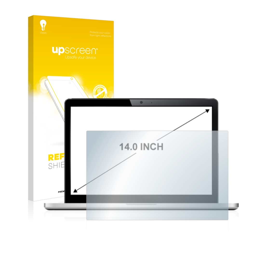 Parte frontal de un envase de producto con el logotipo de la marca upscreen. Al lado se muestra el dispositivo con su protecto