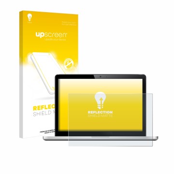 Vorderseite einer Produktverpackung mit dem Markenlogo upscreen. Daneben ist das Gerät mit dem zugehörigen Displayschutz abgeb