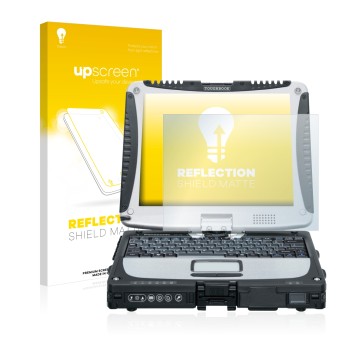 Front side of a product packaging with the brand logo upscreen. Next to it is the device Panasonic Toughbook CF-19 shown with 