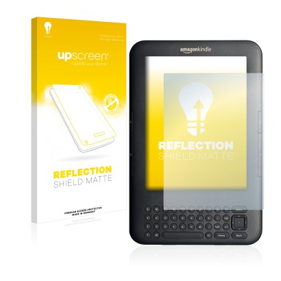 Face avant d’un emballage produit avec le logo de la marque upscreen. À côté, l’appareil Amazon Kindle 3 est représenté avec l