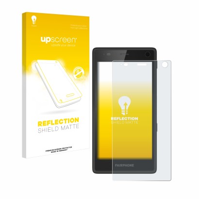 Vorderseite einer Produktverpackung mit dem Markenlogo upscreen. Daneben ist das Gerät Fairphone 2 mit dem zugehörigen Display