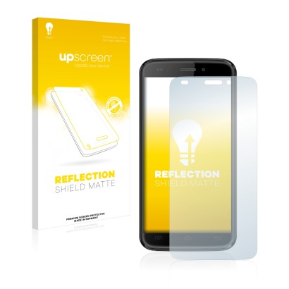 Vorderseite einer Produktverpackung mit dem Markenlogo upscreen. Daneben ist das Gerät Doogee DG320 mit dem zugehörigen Displa