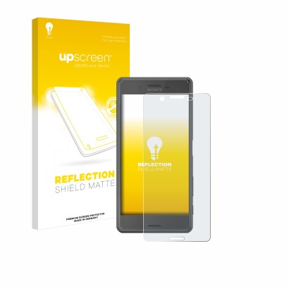 Parte frontal de un envase de producto con el logotipo de la marca upscreen. Al lado se muestra el dispositivo Sony Xperia X P