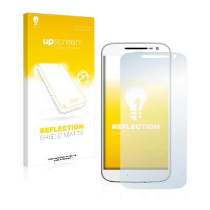 Front side of a product packaging with the brand logo upscreen. Next to it is the device Motorola Moto G4 shown with the corre