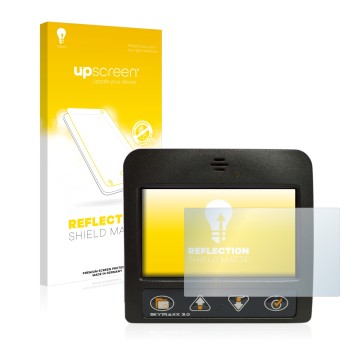 Parte frontal de un envase de producto con el logotipo de la marca upscreen. Al lado se muestra el dispositivo Skytraxx 3.0 Va