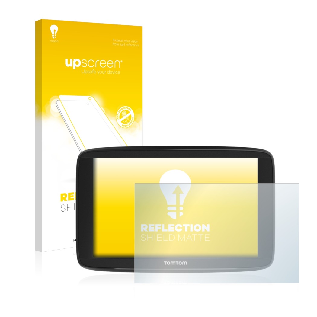 Parte frontal de un envase de producto con el logotipo de la marca upscreen. Al lado se muestra el dispositivo TomTom Start 62