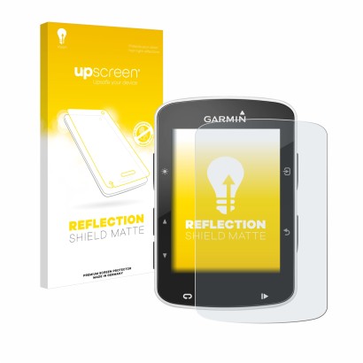 Parte frontal de un envase de producto con el logotipo de la marca upscreen. Al lado se muestra el dispositivo Garmin Edge 820