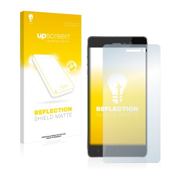 Parte frontal de un envase de producto con el logotipo de la marca upscreen. Al lado se muestra el dispositivo Blackview Omega