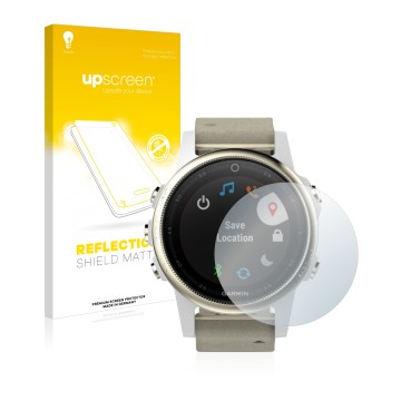 Front side of a product packaging with the brand logo upscreen. Next to it is the device Garmin Fenix 5S (42 mm) shown with th