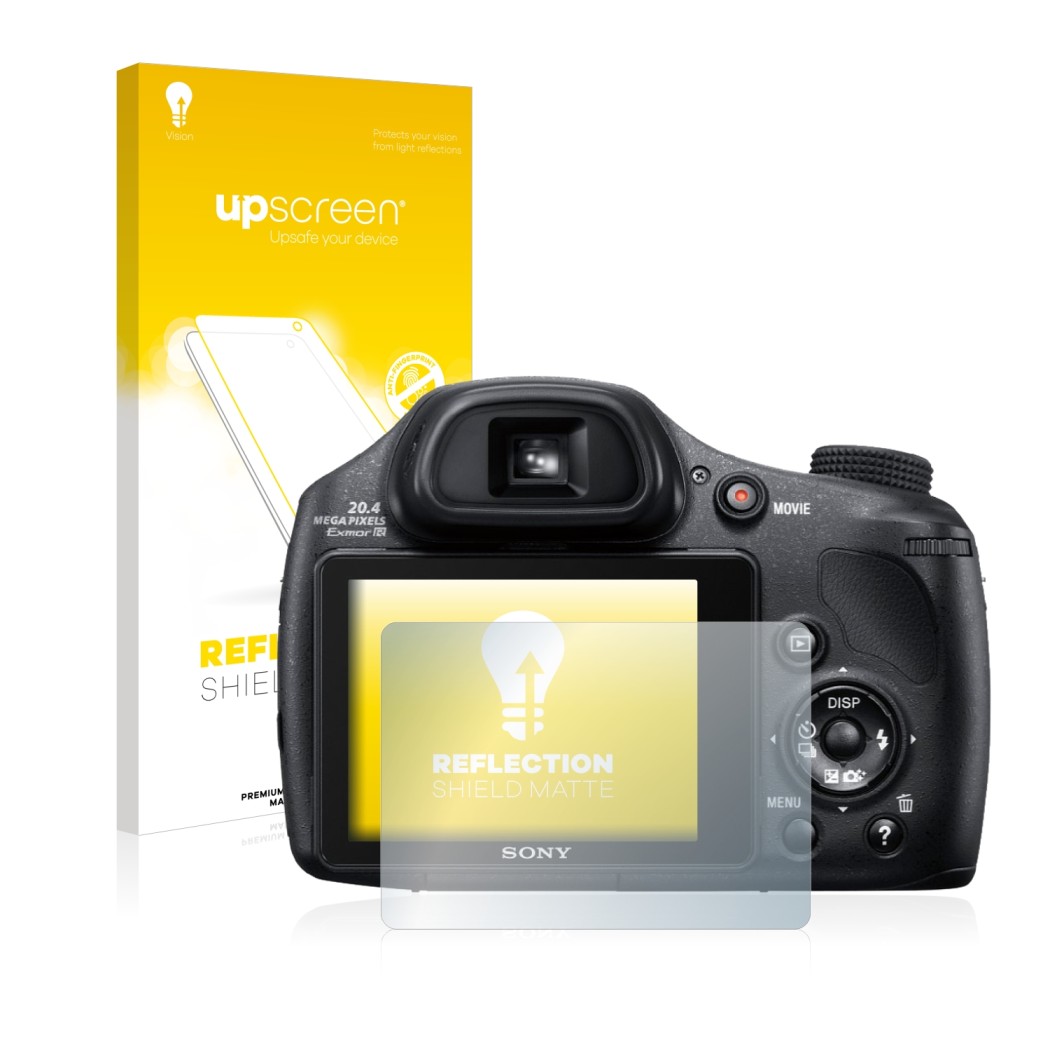 Front side of a product packaging with the brand logo upscreen. Next to it is the device Sony Cyber-Shot DSC-HX350 shown with 