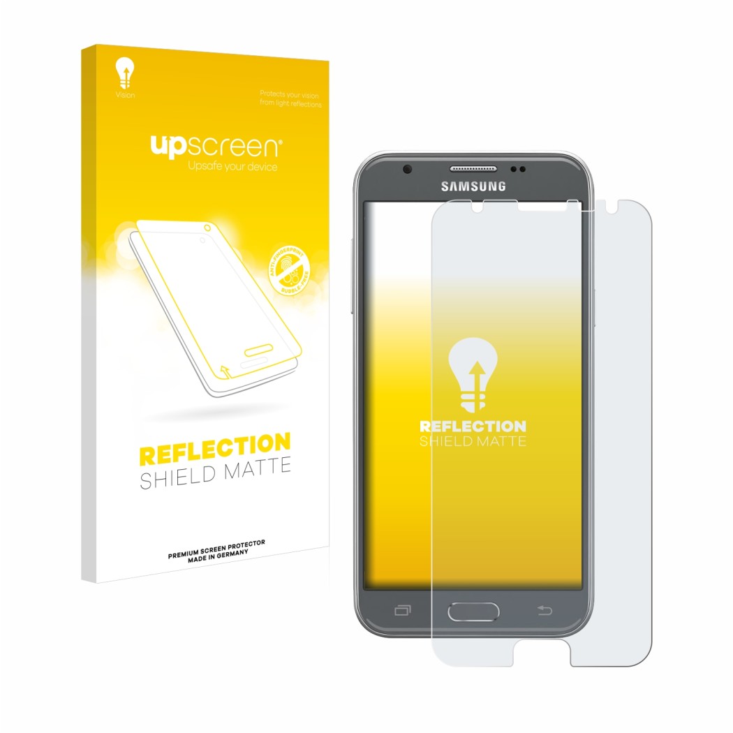 Face avant d’un emballage produit avec le logo de la marque upscreen. À côté, l’appareil Samsung Galaxy J3 2017 est représenté