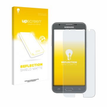 Parte frontal de un envase de producto con el logotipo de la marca upscreen. Al lado se muestra el dispositivo Samsung Galaxy 