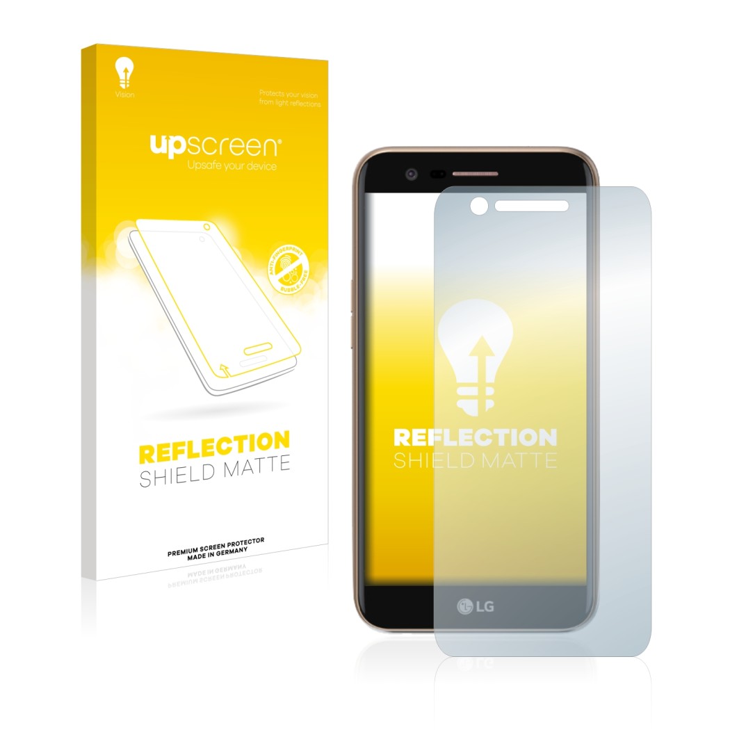 Front side of a product packaging with the brand logo upscreen. Next to it is the device LG K10 2017 shown with the correspond