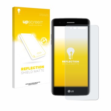 Parte frontal de un envase de producto con el logotipo de la marca upscreen. Al lado se muestra el dispositivo LG K8 2017 con 