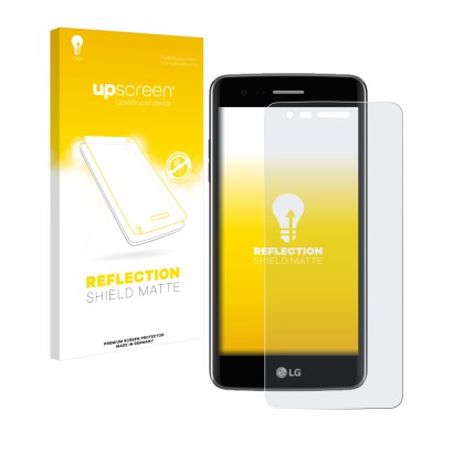 Parte frontal de un envase de producto con el logotipo de la marca upscreen. Al lado se muestra el dispositivo LG K8 2017 con 