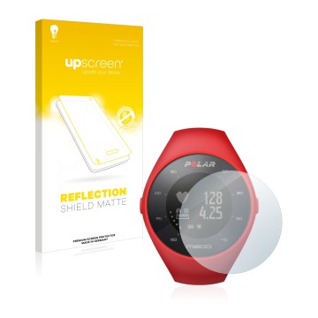 Vorderseite einer Produktverpackung mit dem Markenlogo upscreen. Daneben ist das Gerät Polar M200 mit dem zugehörigen Displays