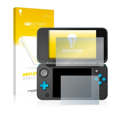 Face avant d’un emballage produit avec le logo de la marque upscreen. À côté, l’appareil Nintendo 2DS XL est représenté avec l