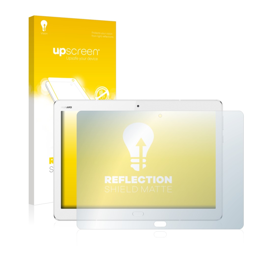 Parte frontale di una confezione del prodotto con il logo del marchio upscreen. Accanto è raffigurato il dispositivo Huawei Me