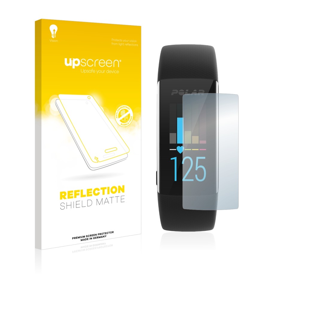 Face avant d’un emballage produit avec le logo de la marque upscreen. À côté, l’appareil Polar A370 est représenté avec la pro