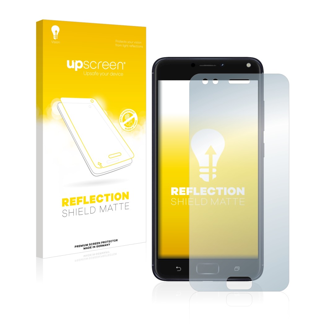 Parte frontale di una confezione del prodotto con il logo del marchio upscreen. Accanto è raffigurato il dispositivo ASUS ZenF