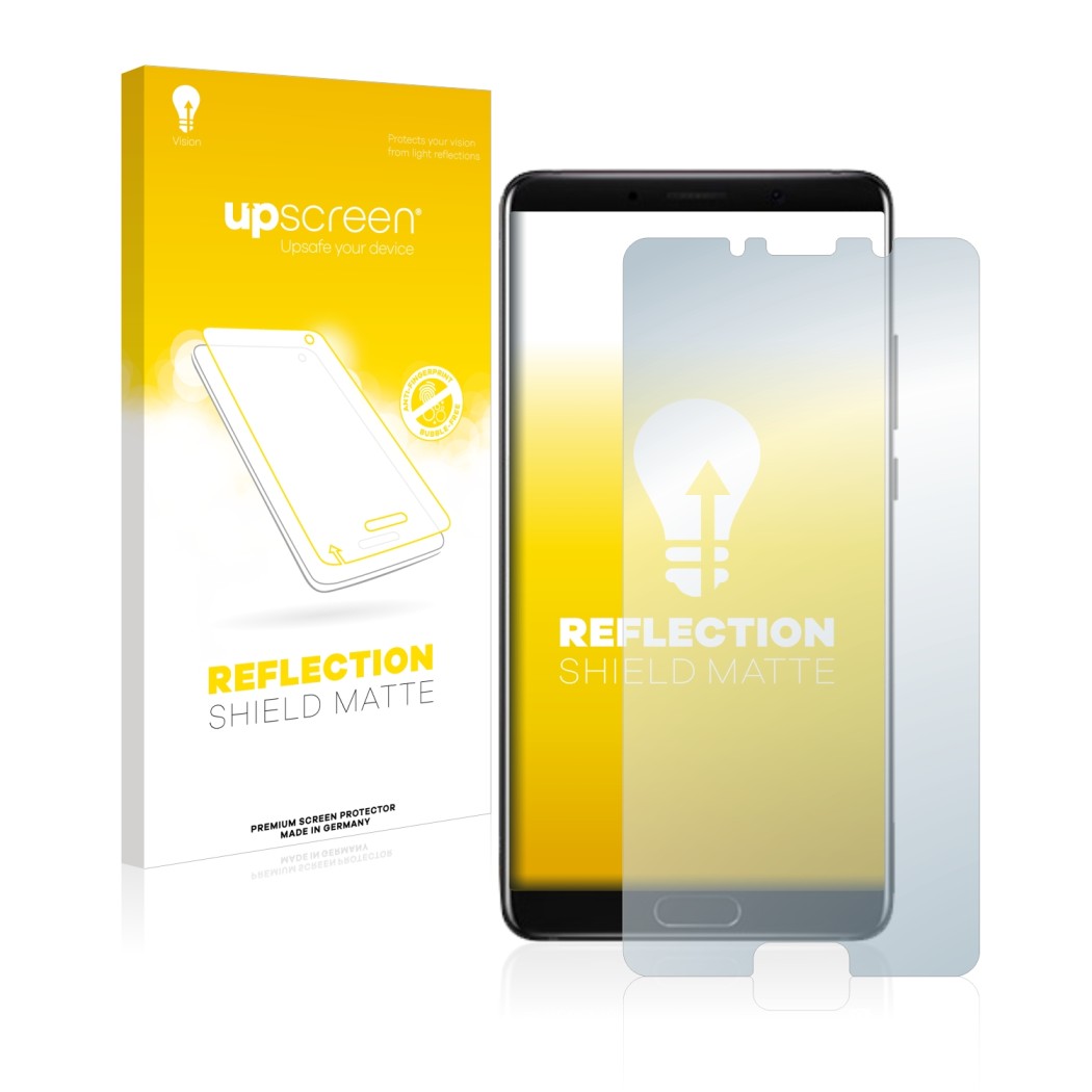 Parte frontal de un envase de producto con el logotipo de la marca upscreen. Al lado se muestra el dispositivo Huawei Mate 10 