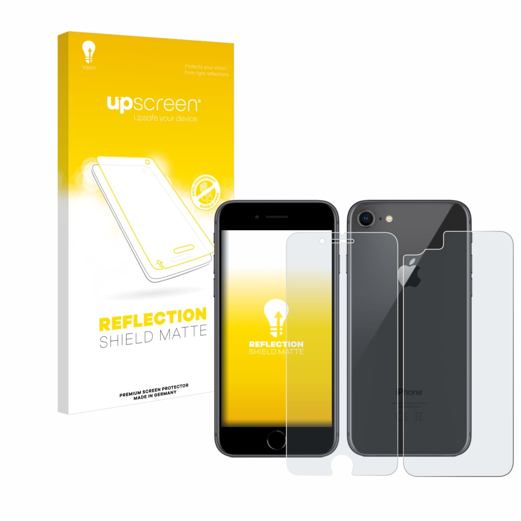 Face avant d’un emballage produit avec le logo de la marque upscreen. À côté, l’appareil Apple iPhone 8 (Avant+Arrière) est re