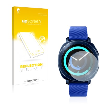Parte frontal de un envase de producto con el logotipo de la marca upscreen. Al lado se muestra el dispositivo Samsung Gear Sp