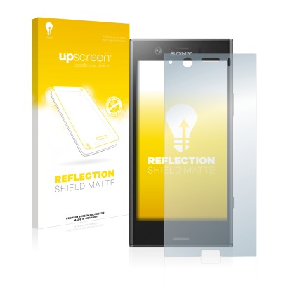 Parte frontal de un envase de producto con el logotipo de la marca upscreen. Al lado se muestra el dispositivo Sony Xperia XZ1