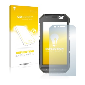 Vorderseite einer Produktverpackung mit dem Markenlogo upscreen. Daneben ist das Gerät Caterpillar Cat S31 mit dem zugehörigen