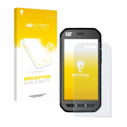 Parte frontal de un envase de producto con el logotipo de la marca upscreen. Al lado se muestra el dispositivo Caterpillar Cat