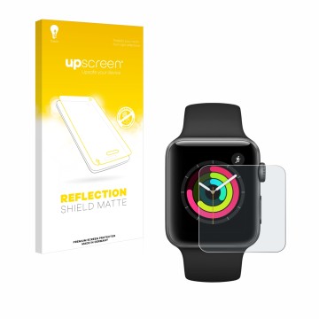 Front side of a product packaging with the brand logo upscreen. Next to it is the device Apple Watch Series 3 (42 mm) shown wi