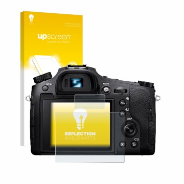 Face avant d’un emballage produit avec le logo de la marque upscreen. À côté, l’appareil Sony Cyber-Shot DSC-RX10 IV est repré