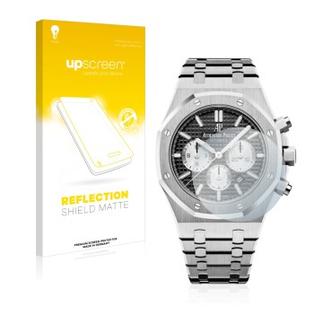 Front side of a product packaging with the brand logo upscreen. Next to it is the device Audemars Piguet Royal Oak (41 mm) sho