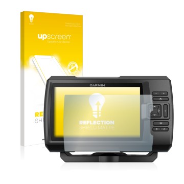 Face avant d’un emballage produit avec le logo de la marque upscreen. À côté, l’appareil Garmin Striker Plus 5cv est représent