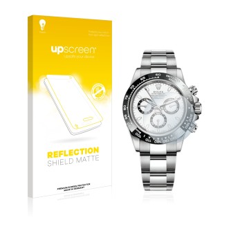 Front side of a product packaging with the brand logo upscreen. Next to it is the device Rolex Cosmograph Daytona (40 mm) show