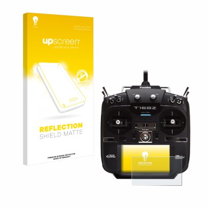 Parte frontal de un envase de producto con el logotipo de la marca upscreen. Al lado se muestra el dispositivo Robbe Futaba T1