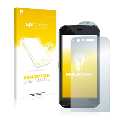 Face avant d’un emballage produit avec le logo de la marque upscreen. À côté, l’appareil Caterpillar Cat S61 est représenté av