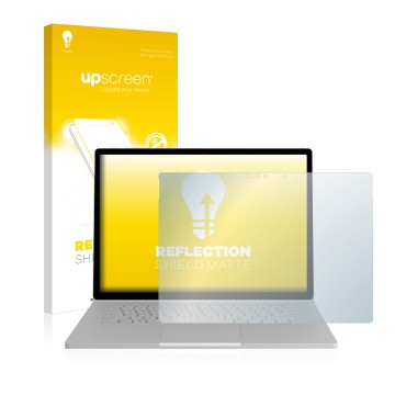 Face avant d’un emballage produit avec le logo de la marque upscreen. À côté, l’appareil Microsoft Surface Book 2 15