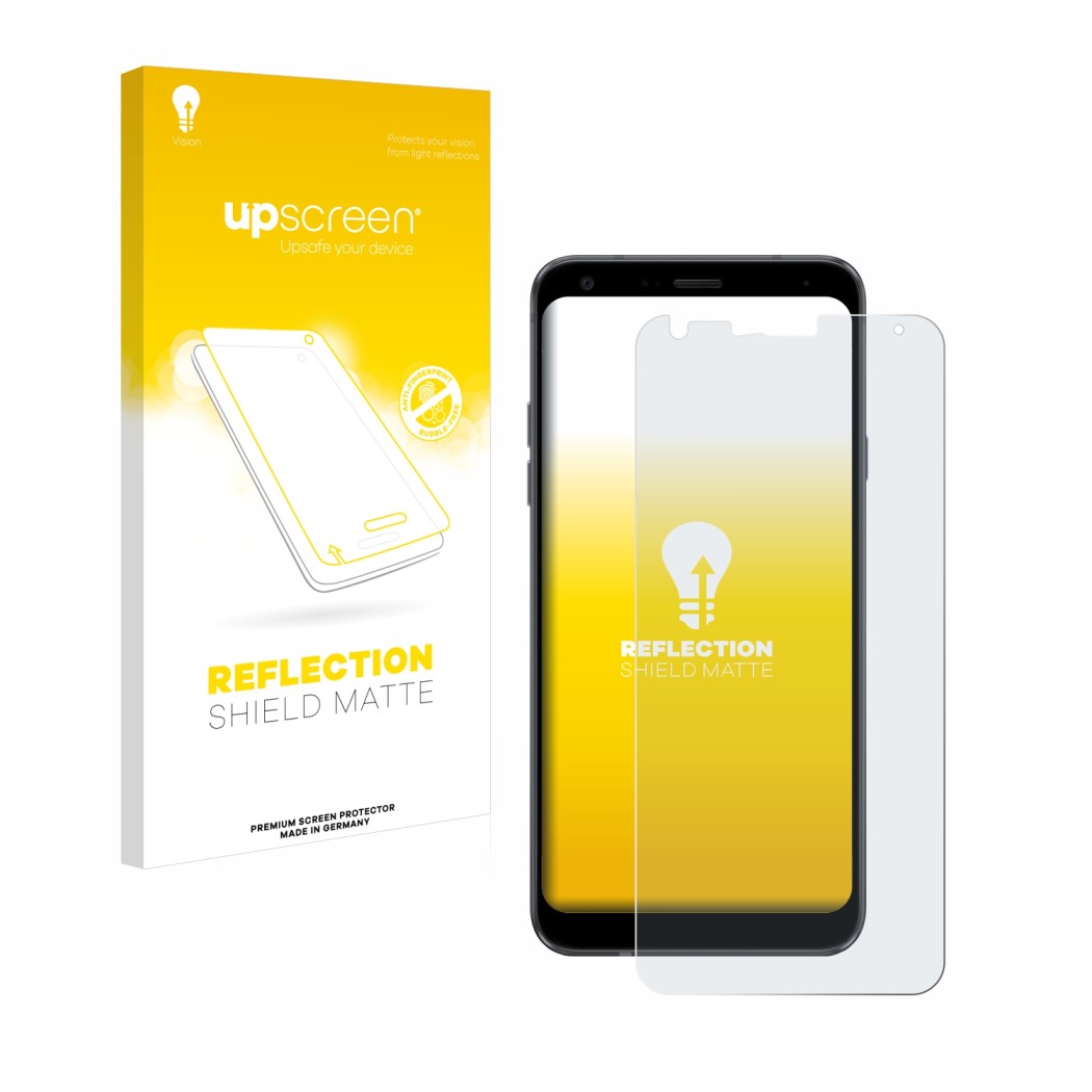 Parte frontal de un envase de producto con el logotipo de la marca upscreen. Al lado se muestra el dispositivo LG Q7 con su pr