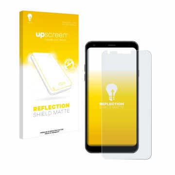 Face avant d’un emballage produit avec le logo de la marque upscreen. À côté, l’appareil LG Q7 est représenté avec la protecti