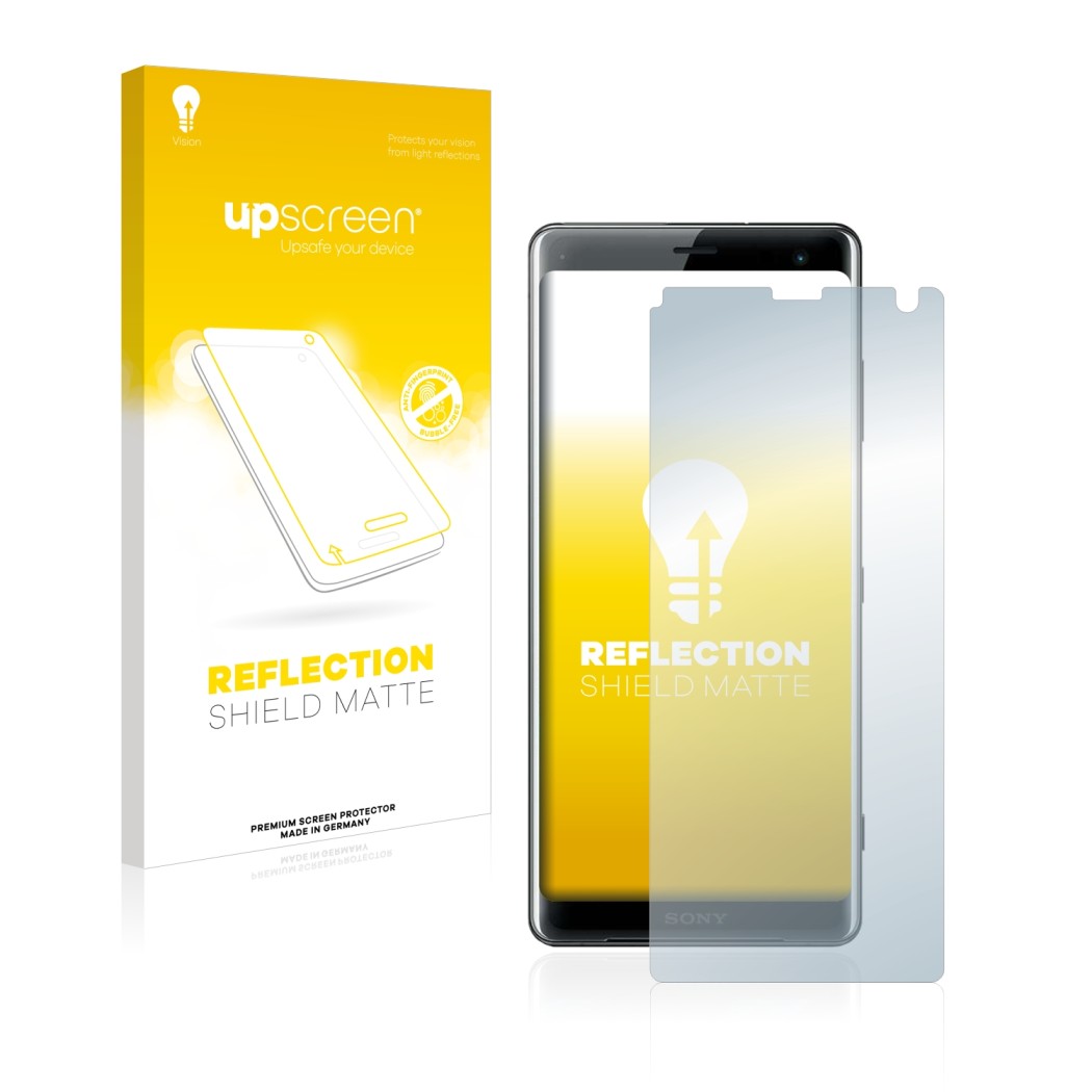 Vorderseite einer Produktverpackung mit dem Markenlogo upscreen. Daneben ist das Gerät Sony Xperia XZ3 mit dem zugehörigen Dis