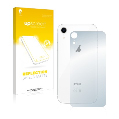 Face avant d’un emballage produit avec le logo de la marque upscreen. À côté, l’appareil Apple iPhone XR (Le dos) est représen