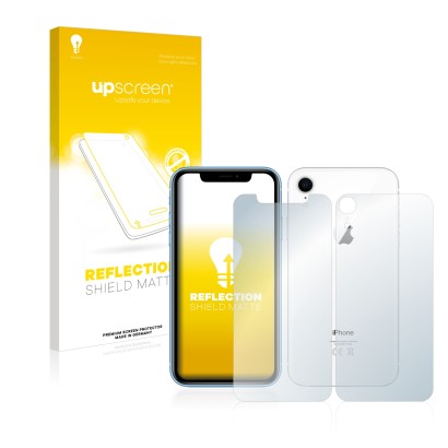 Face avant d’un emballage produit avec le logo de la marque upscreen. À côté, l’appareil Apple iPhone XR (Avant+Arrière) est r