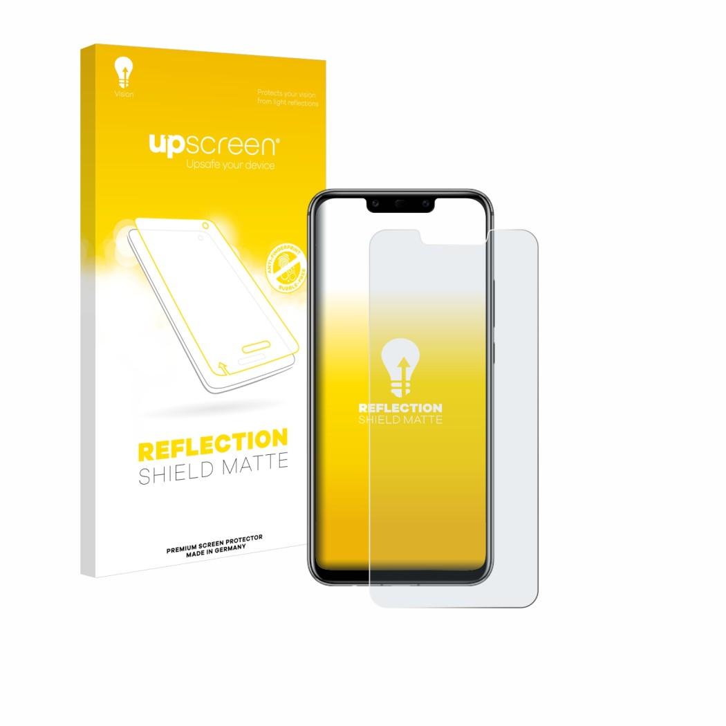 Vorderseite einer Produktverpackung mit dem Markenlogo upscreen. Daneben ist das Gerät Huawei Mate 20 lite mit dem zugehörigen