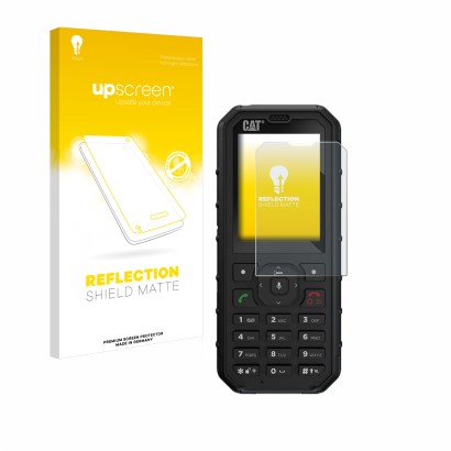 Parte frontal de un envase de producto con el logotipo de la marca upscreen. Al lado se muestra el dispositivo Caterpillar Cat