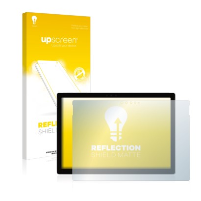 Face avant d’un emballage produit avec le logo de la marque upscreen. À côté, l’appareil Microsoft Surface Pro 6 est représent