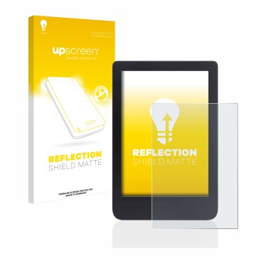 Vorderseite einer Produktverpackung mit dem Markenlogo upscreen. Daneben ist das Gerät Tolino Shine 3 mit dem zugehörigen Disp