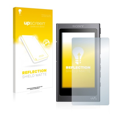 Vorderseite einer Produktverpackung mit dem Markenlogo upscreen. Daneben ist das Gerät Sony Walkman A40 mit dem zugehörigen Di