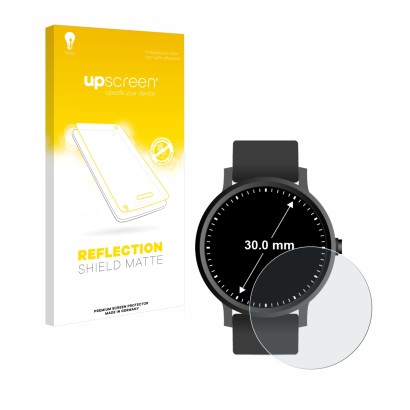 Vorderseite einer Produktverpackung mit dem Markenlogo upscreen. Daneben ist das Gerät Kreisrunde Displays (ø: 30 mm) mit dem 