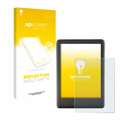 Face avant d’un emballage produit avec le logo de la marque upscreen. À côté, l’appareil Amazon Kindle 2019 (10ème Gen.) est r